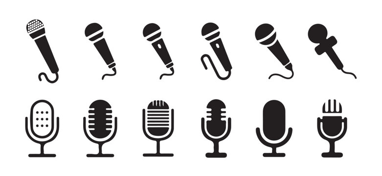 Microphone icon set. A detailed vector collection of microphones and headphones, featuring equipment ideal for podcasts and recording studios. vector illustration  eps 10.