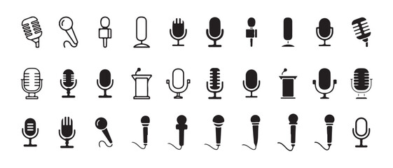 Microphone icon set. A detailed vector collection of microphones and headphones, featuring equipment ideal for podcasts and recording studios. vector illustration  eps 10.