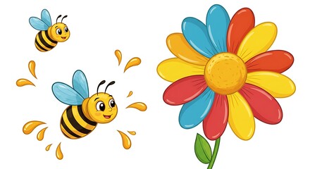 Joyful Bees and Rainbow Flower Childrens Illustration AI Generated