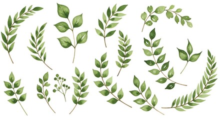 Watercolor greenery branch leaves twigs floral plant forest herbs isolated on white background
