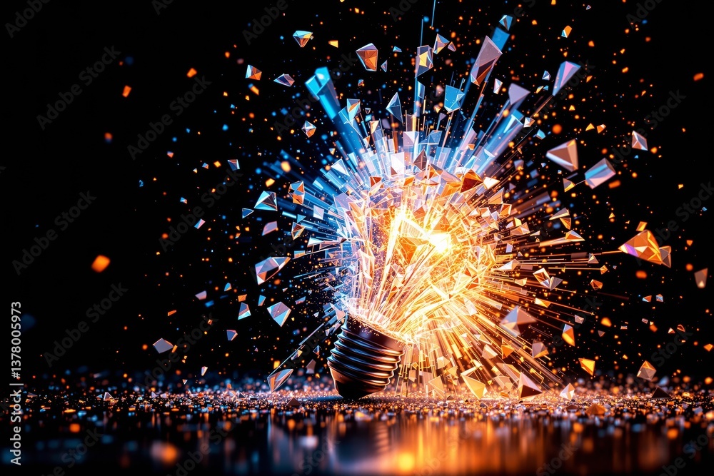 Poster shattered glowing lightbulb explosion with abstract glass fragments on dark background.
