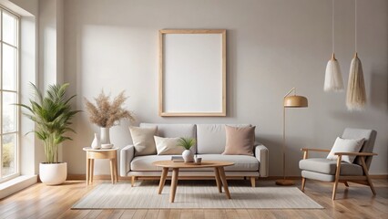 Fototapeta premium Serene Living Room Interior Design with Minimalist Decor and Blank Frame for Artwork