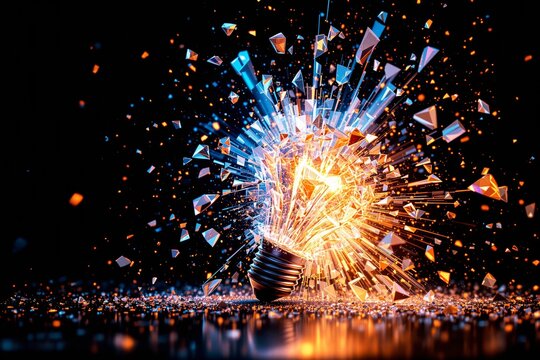 Shattered glowing lightbulb explosion with abstract glass fragments on dark background.