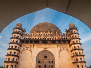 Framed view of amazing Gol Gumbaz islamic tomb at Bijapur, famous unesco travel destination, Karnataka, India