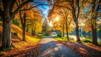Fototapeta premium Autumnal Pathway Leading to a Stone Arch Bridge Over a Serene Lake, Bathed in Golden Sunlight