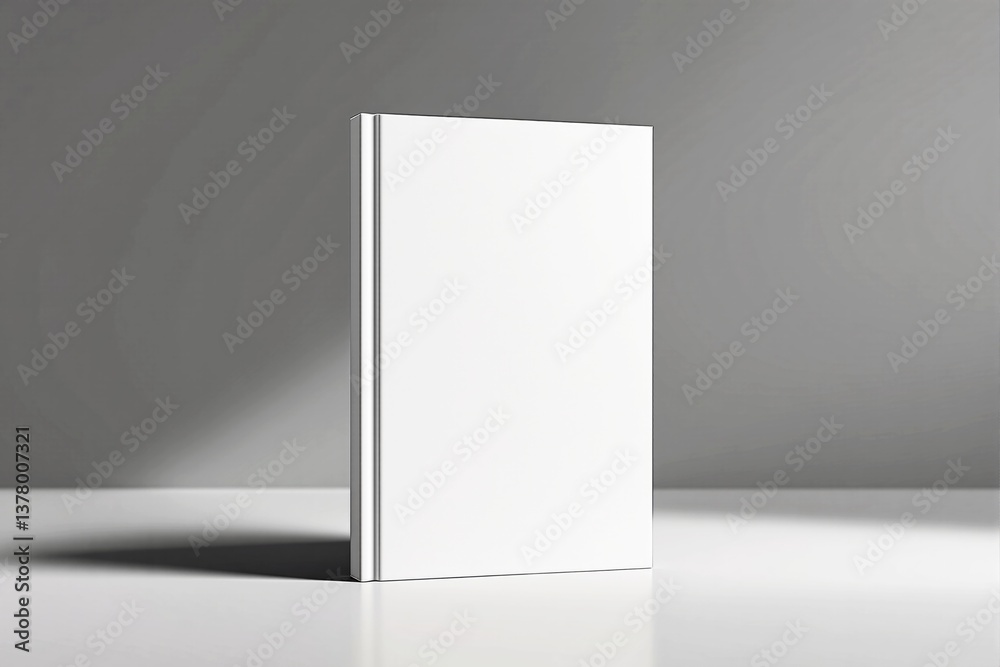 Aufkleber blank white book standing on a clean surface with soft light.