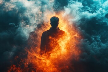 A solitary human silhouette stands immersed in a mesmerizing display of vibrant, swirling mists that dance around them, evoking a dreamlike