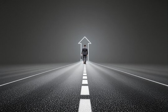 Businessman walking on road towards glowing arrow in dark background.