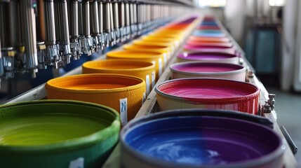 Colorful paint production process in industrial factory vivid tones displayed in open buckets close-up view art and design concept