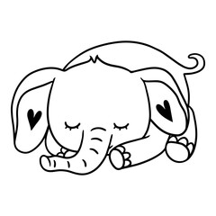 Sleeping elephant baby animal characters. Cute cartoon doodle card. Hand drawn textile surface design, cut file, vector black and white illustration.