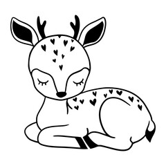 Sleeping deer fawn baby animal characters. Cute cartoon doodle card. Hand drawn textile surface design, cut file, vector black and white illustration.