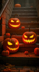 Obraz premium Spooky glowing jack-o'-lanterns on old stone stairs for halloween night decor with dramatic lighting and leaves