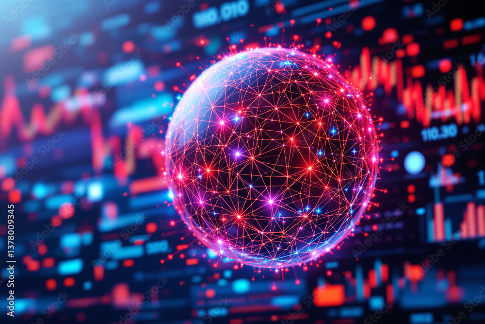 Poster futuristic digital globe with glowing network connections on financial data background.