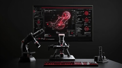 A high-tech digital microscope with a transparent display interface, glowing in the dark.