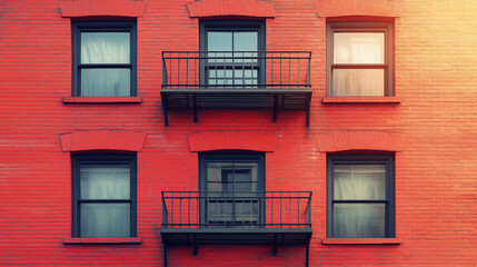 Fototapeta premium Red brick apartment building facade with black balconies and windows, urban residential architecture with warm sunset light, concept of city living and metropolitan housing