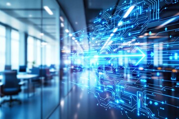 Futuristic digital circuit with glowing blue light arrow in modern office background.