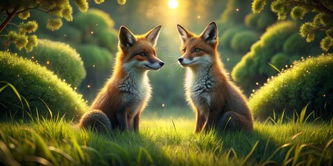 Fototapeta premium Two red foxes sitting in a sunlit meadow, facing each other, surrounded by lush green vegetation and glowing fireflies
