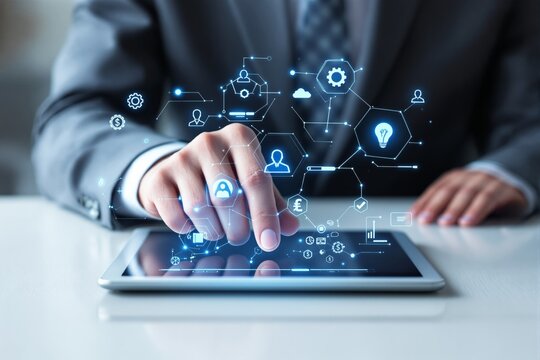 Businessman interacting with futuristic digital interface on tablet.