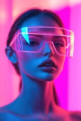 Woman in futuristic visor glasses under pink and blue neon lighting, sleek modern vibe