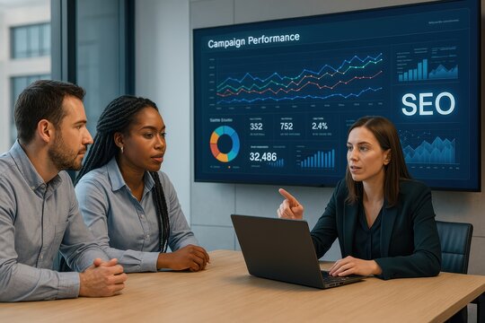 SEO Insights Meeting: A focused business meeting where a team discusses SEO performance in a modern office setting.