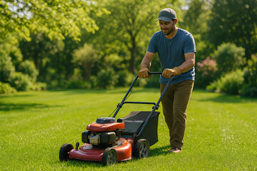 A young man is actively mowing a lawn on a sunny day, capturing the essence of outdoor work, effort, and the joy of having a well-kept, green space.