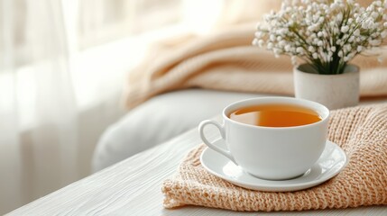 Cozy comfort, a warm cup of tea on table with soft blanket for relaxing moments