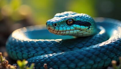 Obraz premium Scales glisten in sunlight as blue viper snake raises head, eyes alert, reptile behavior, wildlife photography, blue venomous snake face closeup