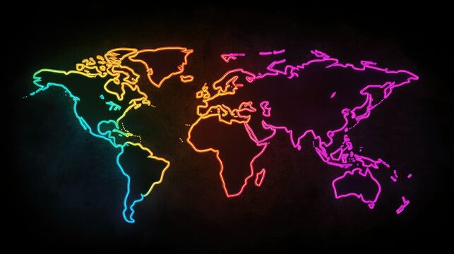 Fototapeta A neon outline world map on a black background.