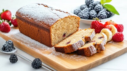 Fresh Baked Berry Cake on Wooden Board Surrounded by Juicy Berries and Slices with Sugar Dust