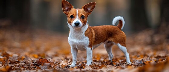 A cute brown and white dog stands on a bed of autumn leaves in a blurred forest setting