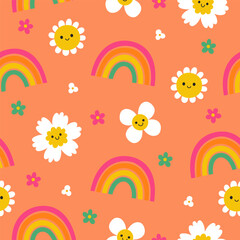 Cute seamless pattern with flowers and rainbows on orange background. vector graphics