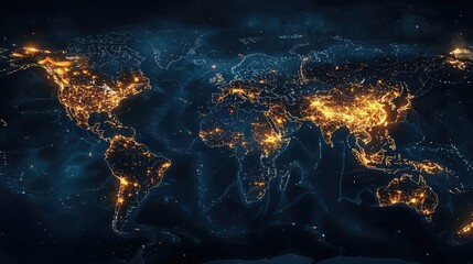 A night view world map with glowing city lights visible.
