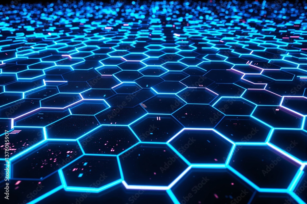 Poster Futuristic hexagonal grid with glowing blue neon lines on a dark background. Abstract digital light pattern concept representing technology.