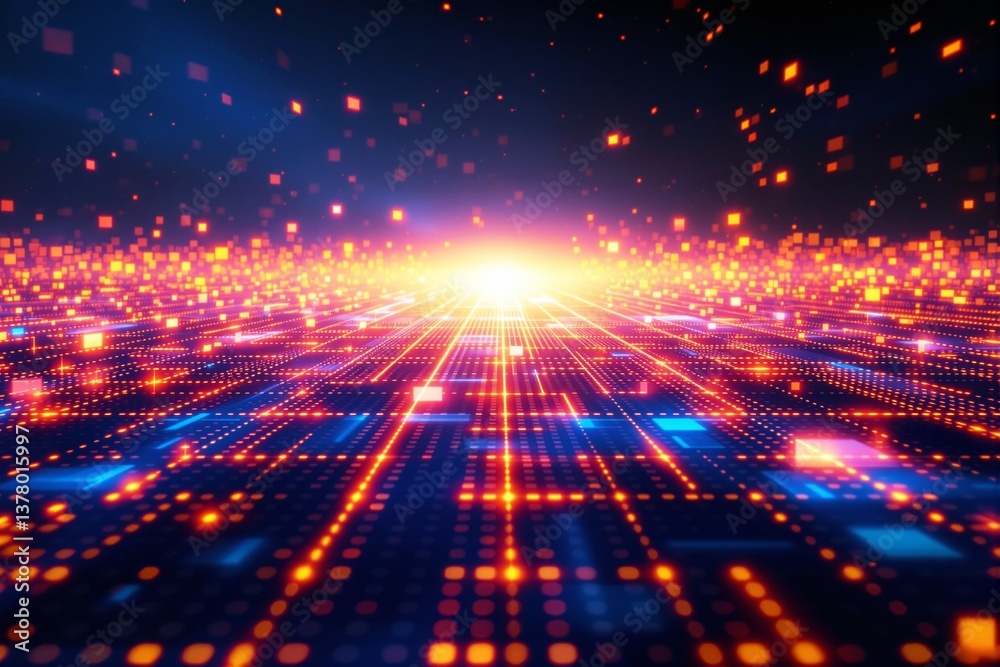 Poster Futuristic digital technology background with glowing grid and floating light particles.