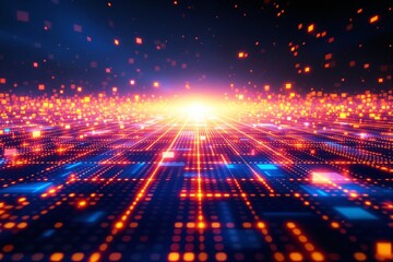 Fototapeta premium Futuristic digital technology background with glowing grid and floating light particles.