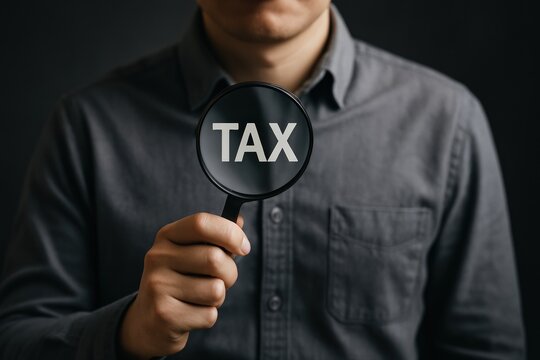 Tax Under Scrutiny Person Holds Magnifying Glass Revealing the Word Tax