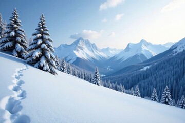 Snowy mountain landscape with bare trees in frozen winter scene , mountains, winter, frozen
