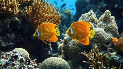 Naklejka premium A pair of bright orange butterflyfish weaving through the coral, their elegant movements adding to the beauty of the reef.