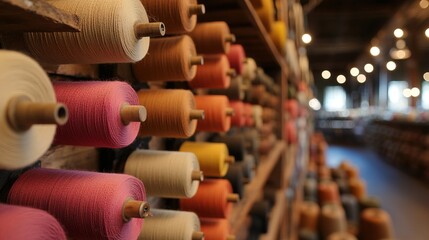 Creative textile workshop artisan studio spools of colorful yarn cozy environment close-up viewpoint crafting concepts
