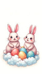 Obraz premium Adorable Easter Bunnies with Pastel Eggs on Cloud