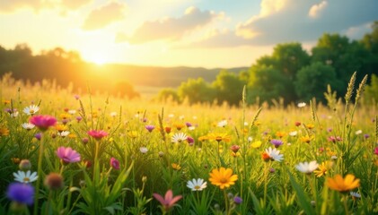 Obraz premium Sun-kissed meadow with wildflowers and grasses , wildflowers, summer