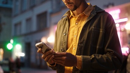 Low angle view portrait of focused African American man using smartphone checking social media sending messages online. Handsome busy male tourist standing on street with neon signs.