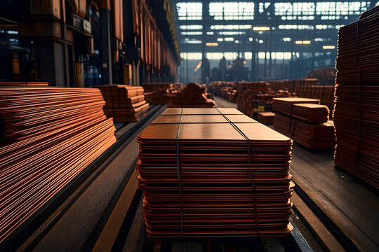 Copper cathodes stacked and ready for processing in metal plant