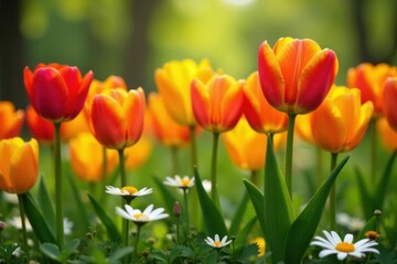 Obraz premium Vibrant tulips in hues of red, yellow, and orange, arranged in a whimsical garden scene with daisies and foliage, springtime, garden