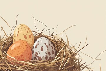Obraz premium Vector illustration of Easter nest with decorated eggs in rustic style on beige background with copyspace for seasonal branding or product presentation