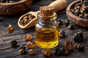 Myrrh resin and essential oil captured in a rustic wooden setting.