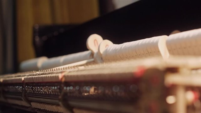 Close-up of a piano technician meticulously adjusting the action mechanism of a grand piano, fine-tuning hammers with specialized tools for optimal sound and performance under warm lighting