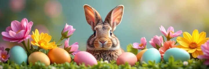 Obraz premium Whiskered rabbit head peeking out from behind a flower bouquet with eggs in the foreground , floral arrangements, garden