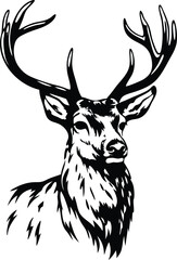 Majestic Stag Head, Antlers, Wildlife, Nature, Black and White, Graphic, Illustration, Design, Art, 