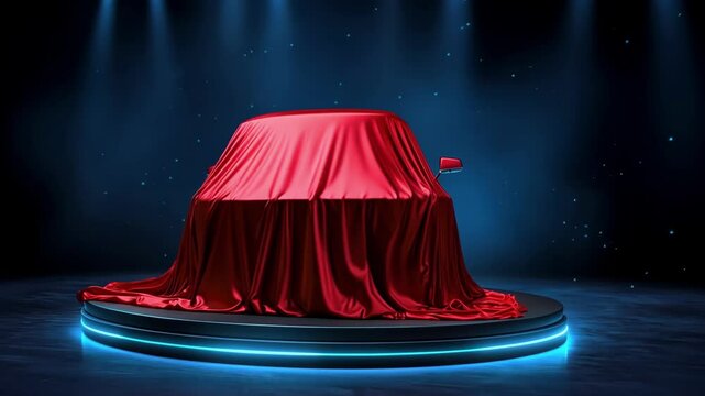 Red silk-draped car on illuminated stage at auto show reveal event. Happy New Year. Merry Christmas